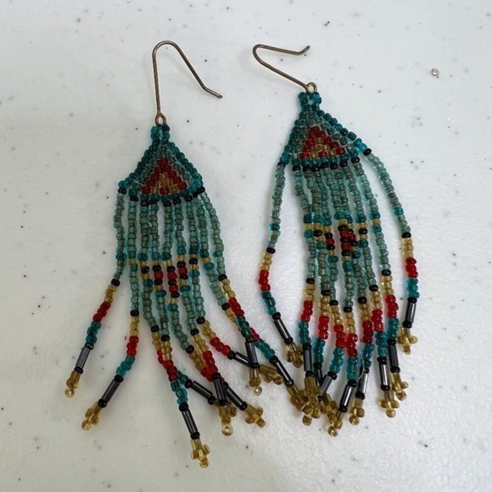 Beaded‎ Fringe Earrings Native Blue Tribal Handmade Weave Seed Beads Boho